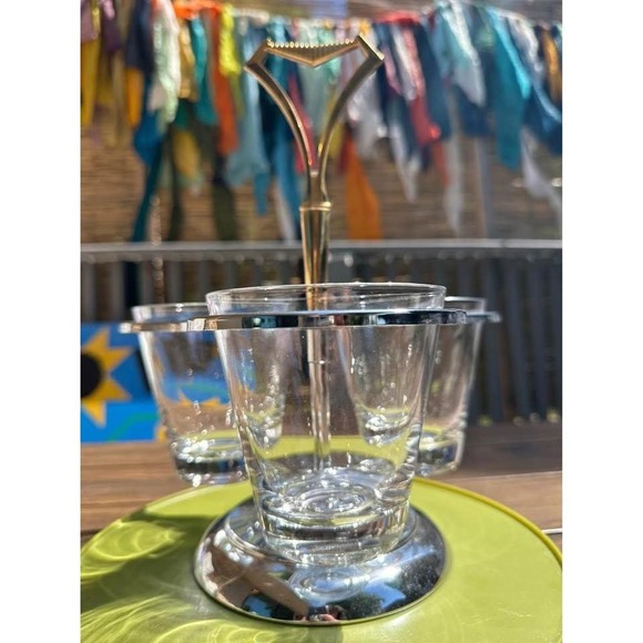 Kromex Other - Mid-Century Modern Glass Snack Server with Brass Handle – 3 Glass Bowls Chrome